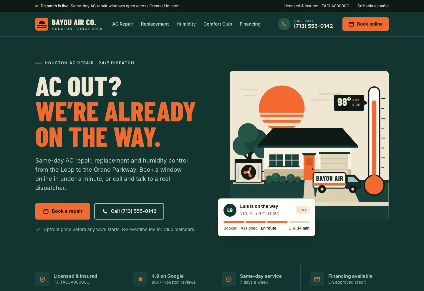 Bayou Air Co. homepage concept, desktop